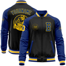 Laden Sie das Bild in den Galerie-Viewer, Uksn Individuelles Bomberjacke in Schwarz-Gelb-Royalblau mit Reißverschluss, Zweifarben-Design und Varsity-Letterman-Stil