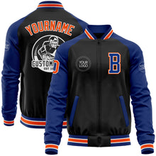 Laden Sie das Bild in den Galerie-Viewer, Uksn Individuelles Bomberjacke in Schwarz-Orange-Royalblau mit Reißverschluss, Zweifarben-Design und Varsity-Letterman-Stil