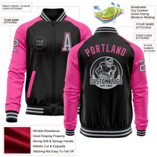 Laden Sie das Bild in den Galerie-Viewer, Uksn Individuelles Bomberjacke in Schwarz-Grau-Pink mit Reißverschluss, Zweifarben-Design und Varsity-Letterman-Stil