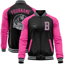 Laden Sie das Bild in den Galerie-Viewer, Uksn Individuelles Bomberjacke in Schwarz-Grau-Pink mit Reißverschluss, Zweifarben-Design und Varsity-Letterman-Stil
