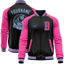 Laden Sie das Bild in den Galerie-Viewer, Uksn Individuelles Bomberjacke in Schwarz-Hellblau-Pink mit Reißverschluss, Zweifarben-Design und Varsity-Letterman-Stil