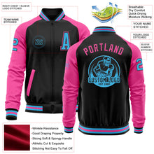Laden Sie das Bild in den Galerie-Viewer, Uksn Individuelles Bomberjacke in Schwarz-Himmelblau-Pink mit Reißverschluss, Zweifarben-Design und Varsity-Letterman-Stil