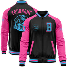 Laden Sie das Bild in den Galerie-Viewer, Uksn Individuelles Bomberjacke in Schwarz-Himmelblau-Pink mit Reißverschluss, Zweifarben-Design und Varsity-Letterman-Stil