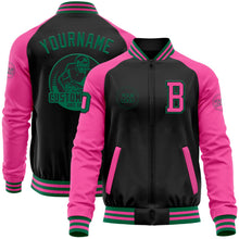 Laden Sie das Bild in den Galerie-Viewer, Uksn Individuelles Bomberjacke in Schwarz-Kelly-Grün-Pink mit Reißverschluss, Zweifarben-Design und Varsity-Letterman-Stil