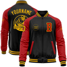 Laden Sie das Bild in den Galerie-Viewer, Uksn Individuelles Bomberjacke in Schwarz-Gold-Rot mit Reißverschluss, Zweifarben-Design und Varsity-Letterman-Stil