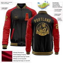 Laden Sie das Bild in den Galerie-Viewer, Uksn Individuelles Bomberjacke in Schwarz-Altgold-Rot mit Reißverschluss, Zweifarben-Design und Varsity-Letterman-Stil