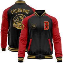 Laden Sie das Bild in den Galerie-Viewer, Uksn Individuelles Bomberjacke in Schwarz-Altgold-Rot mit Reißverschluss, Zweifarben-Design und Varsity-Letterman-Stil