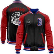 Laden Sie das Bild in den Galerie-Viewer, Uksn Individuelles Bomberjacke in Schwarz-Royalblau-Rot mit Reißverschluss, Zweifarben-Design und Varsity-Letterman-Stil