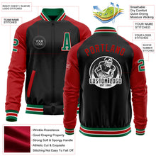 Laden Sie das Bild in den Galerie-Viewer, Uksn Individuelles Bomberjacke in Schwarz-Kelly-Grün-Rot mit Reißverschluss, Zweifarben-Design und Varsity-Letterman-Stil
