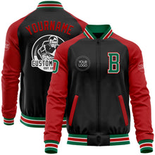 Laden Sie das Bild in den Galerie-Viewer, Uksn Individuelles Bomberjacke in Schwarz-Kelly-Grün-Rot mit Reißverschluss, Zweifarben-Design und Varsity-Letterman-Stil