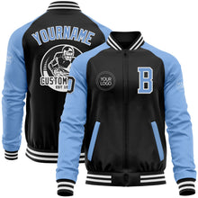Laden Sie das Bild in den Galerie-Viewer, Uksn Individuelles Bomberjacke in Schwarz-Hellblau-Weiß mit Reißverschluss, Zweifarben-Design und Varsity-Letterman-Stil