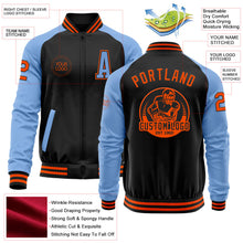Laden Sie das Bild in den Galerie-Viewer, Uksn Individuelles Bomberjacke in Schwarz-Orange-Hellblau mit Reißverschluss, Zweifarben-Design und Varsity-Letterman-Stil