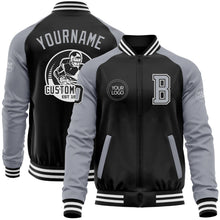 Laden Sie das Bild in den Galerie-Viewer, Uksn Individuelles Bomberjacke in Schwarz-Grau-Weiß mit Reißverschluss, Zweifarben-Design und Varsity-Letterman-Stil