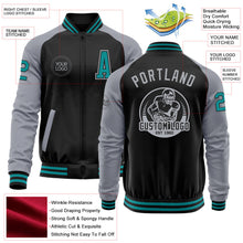 Laden Sie das Bild in den Galerie-Viewer, Uksn Individuelles Bomberjacke in Schwarz-Petrol-Grau mit Reißverschluss, Zweifarben-Design und Varsity-Letterman-Stil