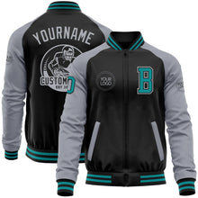 Laden Sie das Bild in den Galerie-Viewer, Uksn Individuelles Bomberjacke in Schwarz-Petrol-Grau mit Reißverschluss, Zweifarben-Design und Varsity-Letterman-Stil