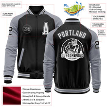 Laden Sie das Bild in den Galerie-Viewer, Uksn Individuelles Bomberjacke in Schwarz-Grau-Weiß mit Reißverschluss, Zweifarben-Design und Varsity-Letterman-Stil