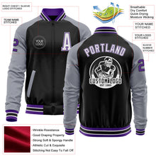 Laden Sie das Bild in den Galerie-Viewer, Uksn Individuelles Bomberjacke in Schwarz-Violett-Grau mit Reißverschluss, Zweifarben-Design und Varsity-Letterman-Stil