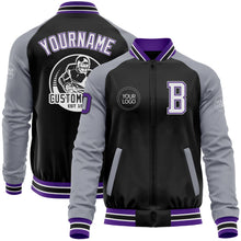 Laden Sie das Bild in den Galerie-Viewer, Uksn Individuelles Bomberjacke in Schwarz-Violett-Grau mit Reißverschluss, Zweifarben-Design und Varsity-Letterman-Stil