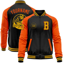 Laden Sie das Bild in den Galerie-Viewer, Uksn Individuelles Bomberjacke in Schwarz-Gold-Orange mit Reißverschluss, Zweifarben-Design und Varsity-Letterman-Stil