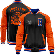 Laden Sie das Bild in den Galerie-Viewer, Uksn Individuelles Bomberjacke in Schwarz-Royalblau-Orange mit Reißverschluss, Zweifarben-Design und Varsity-Letterman-Stil