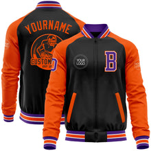 Laden Sie das Bild in den Galerie-Viewer, Uksn Individuelles Bomberjacke in Schwarz-Violett-Orange mit Reißverschluss, Zweifarben-Design und Varsity-Letterman-Stil