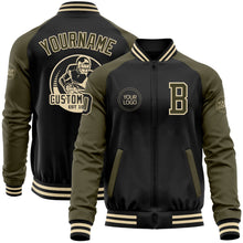 Laden Sie das Bild in den Galerie-Viewer, Uksn Individuelles Bomberjacke in Schwarz-Oliv-Creme mit Reißverschluss, Zweifarben-Design und Varsity-Letterman-Stil