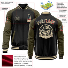 Laden Sie das Bild in den Galerie-Viewer, Uksn Individuelles Bomberjacke in Schwarz-Oliv-Creme mit Vintage-USA-Flagge, Reißverschluss, Zweifarben-Design und Varsity-Letterman-Stil