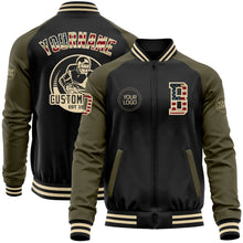 Laden Sie das Bild in den Galerie-Viewer, Uksn Individuelles Bomberjacke in Schwarz-Oliv-Creme mit Vintage-USA-Flagge, Reißverschluss, Zweifarben-Design und Varsity-Letterman-Stil