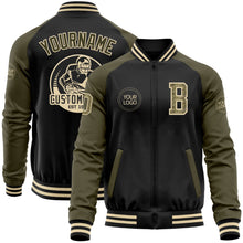 Laden Sie das Bild in den Galerie-Viewer, Uksn Individuelles Bomberjacke in Schwarz-Camouflage-Oliv-Creme mit Reißverschluss, Zweifarben-Design und Varsity-Letterman-Stil