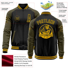 Laden Sie das Bild in den Galerie-Viewer, Uksn Individuelles Bomberjacke in Schwarz-Oliv-Gold mit Reißverschluss, Zweifarben-Design und Varsity-Letterman-Stil