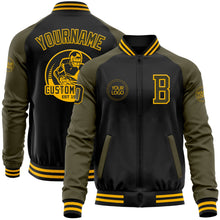Laden Sie das Bild in den Galerie-Viewer, Uksn Individuelles Bomberjacke in Schwarz-Oliv-Gold mit Reißverschluss, Zweifarben-Design und Varsity-Letterman-Stil
