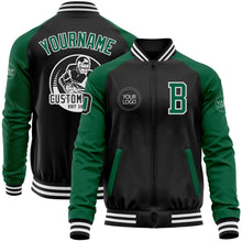 Laden Sie das Bild in den Galerie-Viewer, Uksn Individuelles Bomberjacke in Schwarz-Kelly-Grün-Weiß mit Reißverschluss, Zweifarben-Design und Varsity-Letterman-Stil
