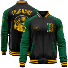 Laden Sie das Bild in den Galerie-Viewer, Uksn Individuelles Bomberjacke in Schwarz-Gold-Kelly-Grün mit Reißverschluss, Zweifarben-Design und Varsity-Letterman-Stil