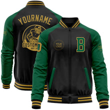 Laden Sie das Bild in den Galerie-Viewer, Uksn Individuelles Bomberjacke in Schwarz-Altgold-Kelly-Grün mit Reißverschluss, Zweifarben-Design und Varsity-Letterman-Stil