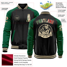 Laden Sie das Bild in den Galerie-Viewer, Uksn Individuelles Bomberjacke in Schwarz-Kelly-Grün-Creme mit Vintage-Mexiko-Flagge, Reißverschluss, Zweifarben-Design und Varsity-Letterman-Stil