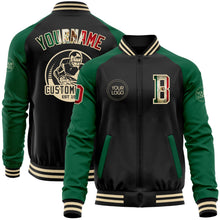 Laden Sie das Bild in den Galerie-Viewer, Uksn Individuelles Bomberjacke in Schwarz-Kelly-Grün-Creme mit Vintage-Mexiko-Flagge, Reißverschluss, Zweifarben-Design und Varsity-Letterman-Stil