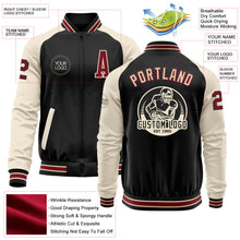 Laden Sie das Bild in den Galerie-Viewer, Uksn Individuelles Bomberjacke in Schwarz-Karmesinrot-Creme-City-Creme mit Reißverschluss, Zweifarben-Design und Varsity-Letterman-Stil