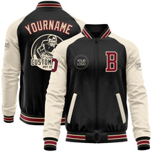 Laden Sie das Bild in den Galerie-Viewer, Uksn Individuelles Bomberjacke in Schwarz-Karmesinrot-Creme-City-Creme mit Reißverschluss, Zweifarben-Design und Varsity-Letterman-Stil