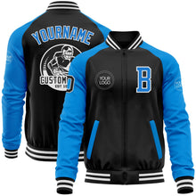 Laden Sie das Bild in den Galerie-Viewer, Uksn Individuelles Bomberjacke in Schwarz-Puderblau-Weiß mit Reißverschluss, Zweifarben-Design und Varsity-Letterman-Stil