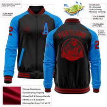 Laden Sie das Bild in den Galerie-Viewer, Uksn Individuelles Bomberjacke in Schwarz-Rot-Puderblau mit Reißverschluss, Zweifarben-Design und Varsity-Letterman-Stil