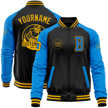 Laden Sie das Bild in den Galerie-Viewer, Uksn Individuelles Bomberjacke in Schwarz-Gold-Puderblau mit Reißverschluss, Zweifarben-Design und Varsity-Letterman-Stil