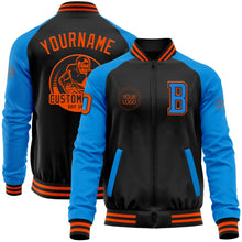 Laden Sie das Bild in den Galerie-Viewer, Uksn Individuelles Bomberjacke in Schwarz-Orange-Puderblau mit Reißverschluss, Zweifarben-Design und Varsity-Letterman-Stil
