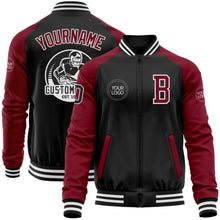 Laden Sie das Bild in den Galerie-Viewer, Uksn Individuelles Bomberjacke in Schwarz-Karmesinrot-Weiß mit Reißverschluss, Zweifarben-Design und Varsity-Letterman-Stil