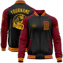 Laden Sie das Bild in den Galerie-Viewer, Uksn Individuelles Bomberjacke in Schwarz-Gold-Karmesinrot mit Reißverschluss, Zweifarben-Design und Varsity-Letterman-Stil