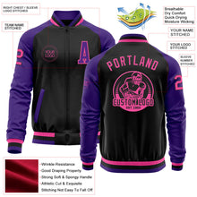 Laden Sie das Bild in den Galerie-Viewer, Uksn Individuelles Bomberjacke in Schwarz-Pink-Violett mit Reißverschluss, Zweifarben-Design und Varsity-Letterman-Stil