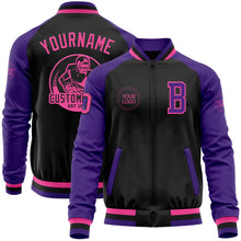 Laden Sie das Bild in den Galerie-Viewer, Uksn Individuelles Bomberjacke in Schwarz-Pink-Violett mit Reißverschluss, Zweifarben-Design und Varsity-Letterman-Stil