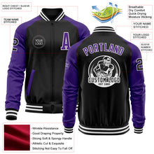 Laden Sie das Bild in den Galerie-Viewer, Uksn Individuelles Bomberjacke in Schwarz-Violett-Weiß mit Reißverschluss, Zweifarben-Design und Varsity-Letterman-Stil