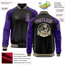 Laden Sie das Bild in den Galerie-Viewer, Uksn Individuelles Bomberjacke in Schwarz-Violett-Creme mit Reißverschluss, Zweifarben-Design und Varsity-Letterman-Stil