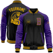Laden Sie das Bild in den Galerie-Viewer, Uksn Individuelles Bomberjacke in Schwarz-Gold-Violett mit Reißverschluss, Zweifarben-Design und Varsity-Letterman-Stil