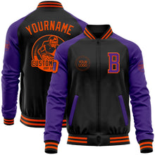 Laden Sie das Bild in den Galerie-Viewer, Uksn Individuelles Bomberjacke in Schwarz-Orange-Violett mit Reißverschluss, Zweifarben-Design und Varsity-Letterman-Stil